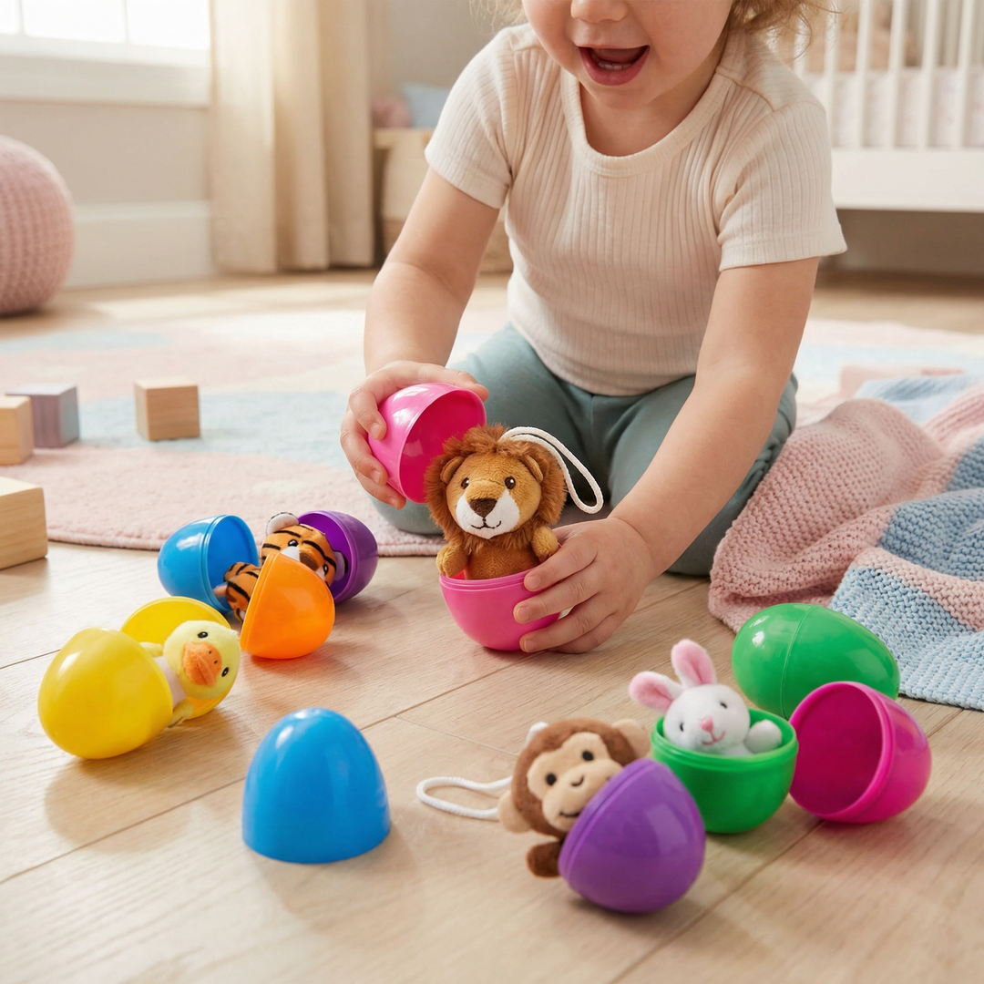 Buntes Osterei-Set mit süßen Plüschtieren als Überraschung für Kinder; perfektes Ostergeschenk für das Osterfest.