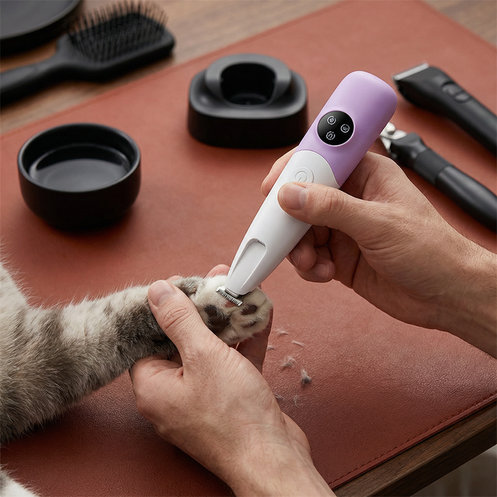 Kompakter, kabelloser Pfotentrimmer. Perfekt für mobile Tierpflege unterwegs bei Hunden & Katzen.