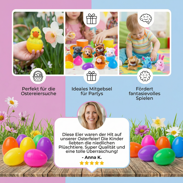 Niedliche Plüschtiere in bunten Ostereiern für Kinder; Spaß beim Auspacken und Spielen, tolles Osterfest-Spielzeug.