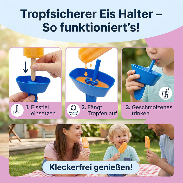Wiederverwendbarer Eishalter für Kinder – tropfsicher, kleckerfrei und tragbar. Ideal für Outdoor & Picknick.