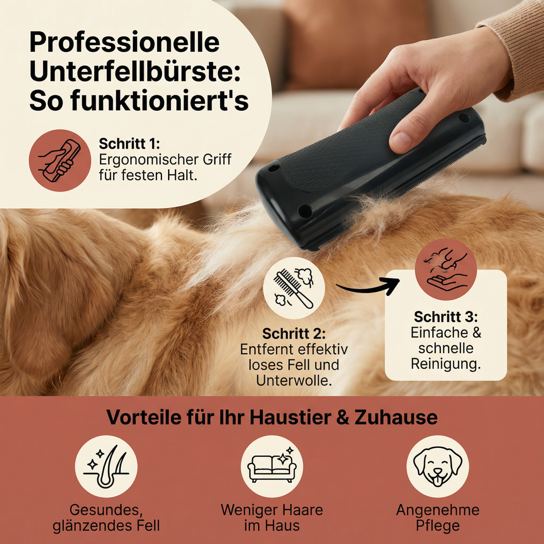 Ergonomische Unterfellbürste für Hunde & Katzen zur sanften Haarentfernung. Fördert Fellpflege & glänzendes Tierfell.