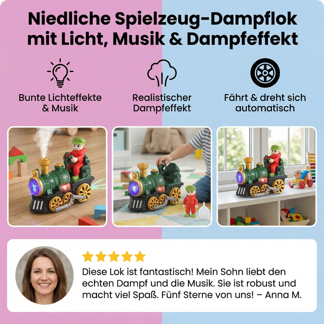 Spielzeug-Dampflok in Bewegung, mit hellen Lichtern, Melodien & realistischem Dampf. Perfekt für kleine Lokführer.