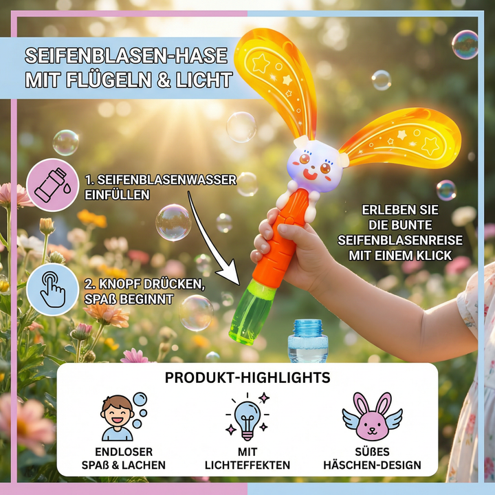 Fröhlicher Seifenblasen-Hase mit leuchtenden Flügeln erzeugt viele Blasen, beliebtes Kinderspielzeug & Bubble Maker.