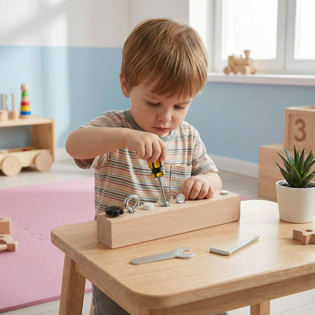 Hochwertiges Montessori Holz-Schraubspiel mit farbigen Schrauben. Pädagogisches Lernspielzeug für Vorschulkinder.