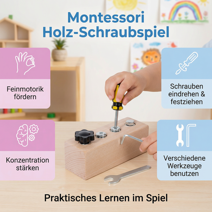 Kind dreht Holzschrauben im Montessori Spiel. Trainiert Greifen, Drehen & Feinmotorik. Ideales Motorikspielzeug.