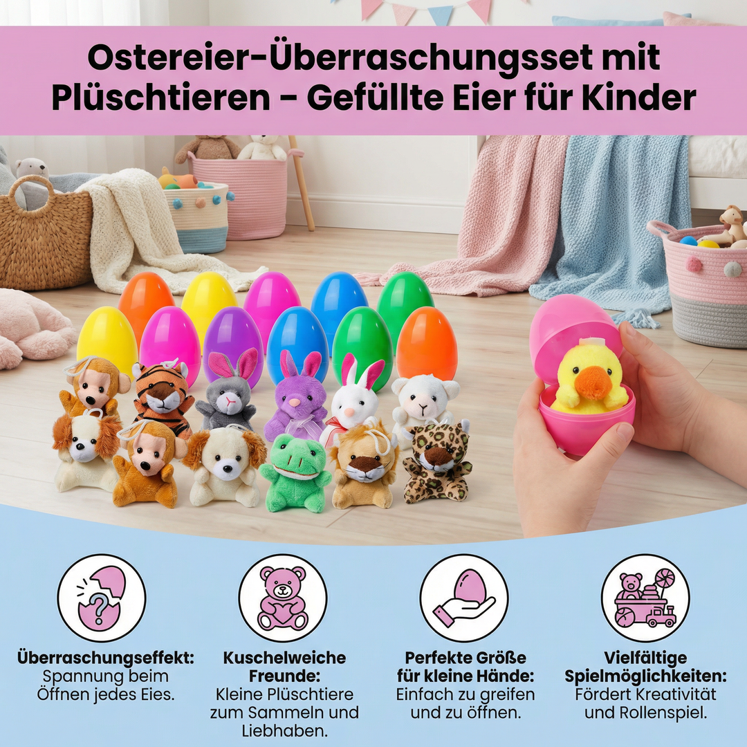 Mehrere bunte Ostereier, gefüllt mit weichen Plüschtieren; ideal als Ostergeschenk und für das Osternest der Kinder.