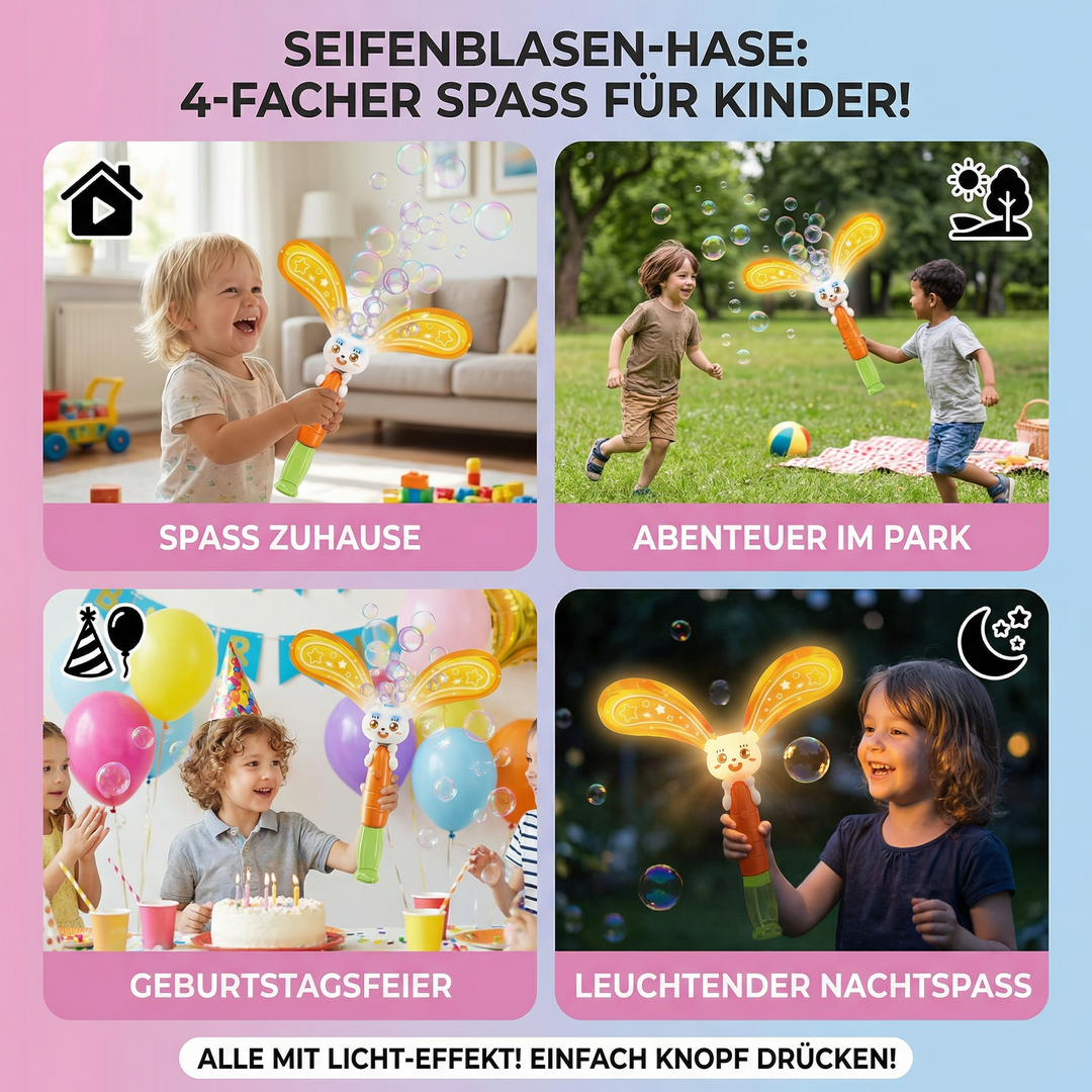 Spielzeug Seifenblasen-Hase mit leuchtenden Flügeln als Bubble Maker; tolles Outdoor-Spielzeug & sensorischer Spaß für Kinder.
