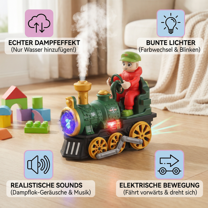 Detailaufnahme der Spielzeug-Dampflok: fröhliches Design, leuchtende Scheinwerfer & Rauchabzug für Dampf.