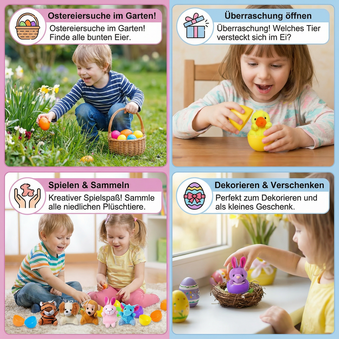 Sortiment an Ostereiern mit verschiedenen Plüschtieren für ein spannendes Osterfest; tolle Geschenkidee für Kinder.