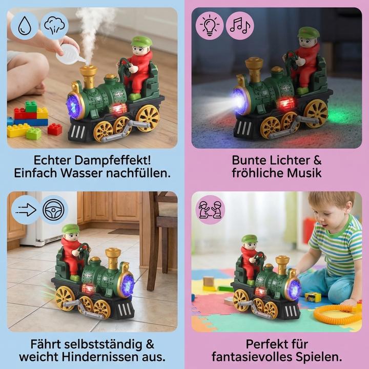 Interaktive Kinder-Dampflok mit tollen Lichtshows, eingängiger Musik & sicherem Dampfausstoß. Fördert Rollenspiel.