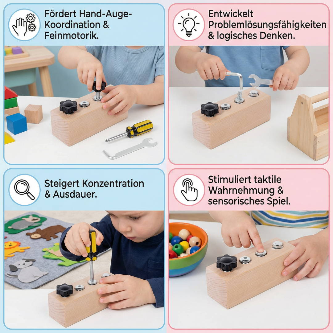 Montessori Holz-Schraubspiel, das Kindern hilft, Hand-Augen-Koordination und Problemlösung zu entwickeln.