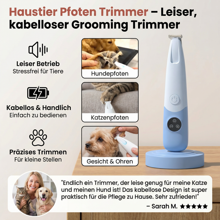 Tierpfleger nutzt leisen Pfotentrimmer für Katze. Stressfreie Katzenpflege mit kabellosem Tierhaartrimmer.