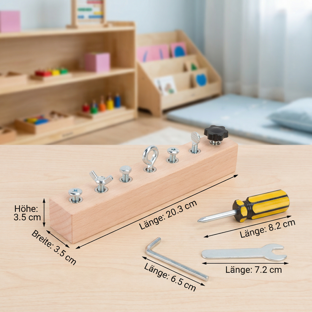 Komplettes Montessori Holz-Schraubspiel Set. Robustes Lernspielzeug zur Stärkung der Konzentrationsfähigkeit.