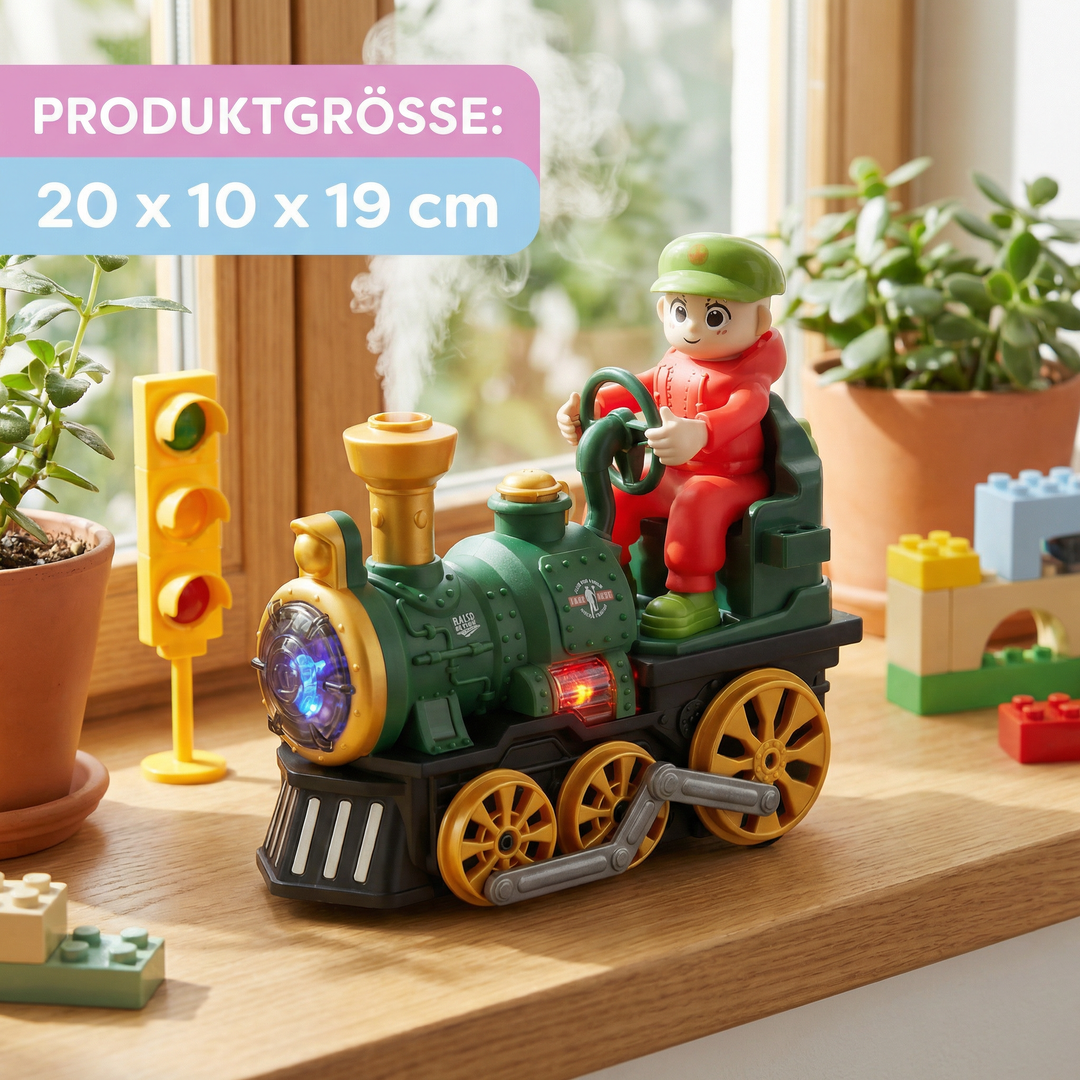 Farbenfrohe Spielzeug-Lokomotive; ein ideales Geschenk für Kinder, die Licht, Musik & Dampf beim Spielen lieben.