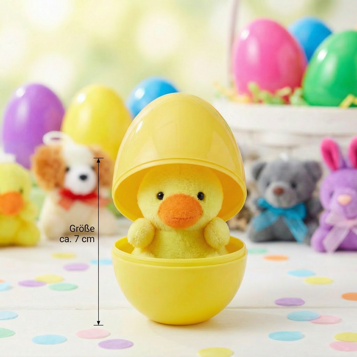 Kinder entdecken Plüschtiere in Überraschungs-Ostereiern; perfekt für die Eiersuche und als Ostergeschenk-Spielzeug.