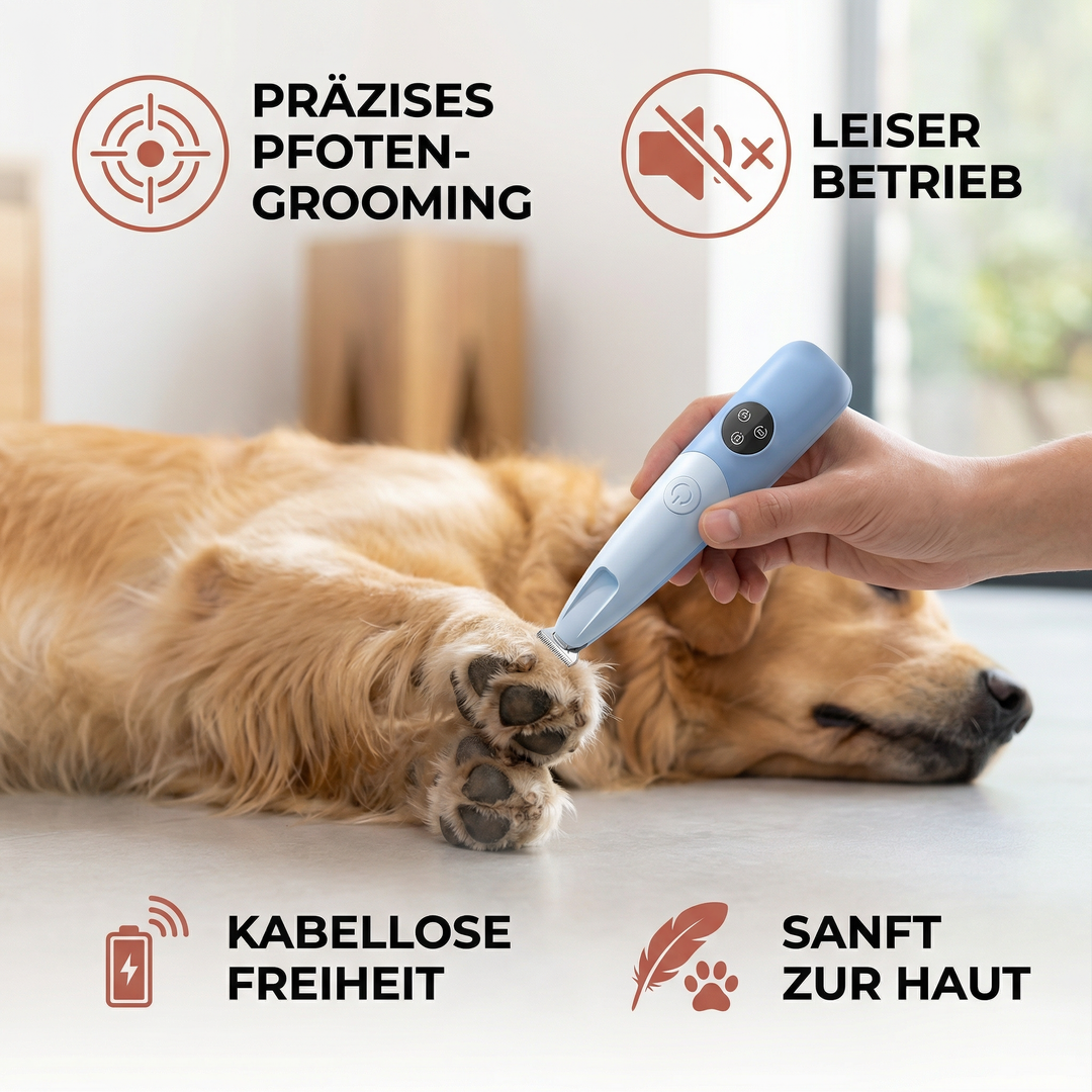 Kabelloser Pfotentrimmer trimmt sanft Hundehaare. Leises Grooming-Gerät für stressfreie Hundepflege.