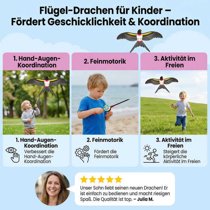 Robustes Outdoor-Spielzeug: Flügel-Drachen für Kinder; ideal für aktives Spielen & Motoriktraining.