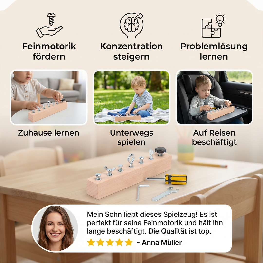 Detailansicht des Montessori Holz-Schraubspiels mit verschiedenen Holzschrauben und Muttern für Kinder.