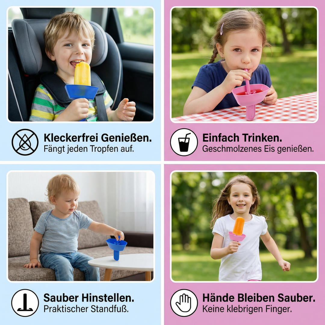 Farbenfroher Eishalter für Kinder, tropfsicher und kleckerfrei. Macht den Kindersnack zum reinen Vergnügen.