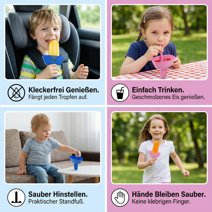 Farbenfroher Eishalter für Kinder, tropfsicher und kleckerfrei. Macht den Kindersnack zum reinen Vergnügen.