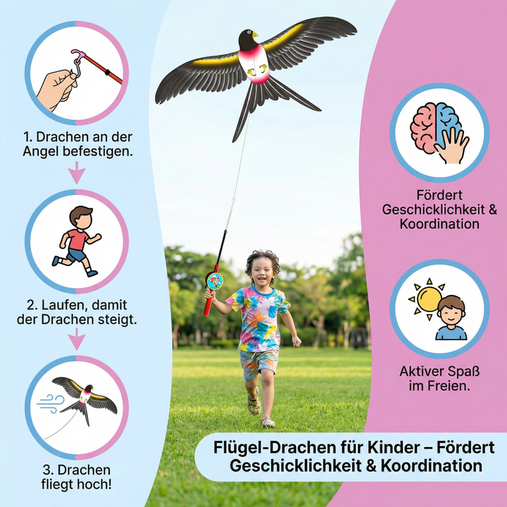 Aktiver Kinder-Flügel-Drachen im Wind; Entwicklungsspielzeug für Motorik & Koordination.