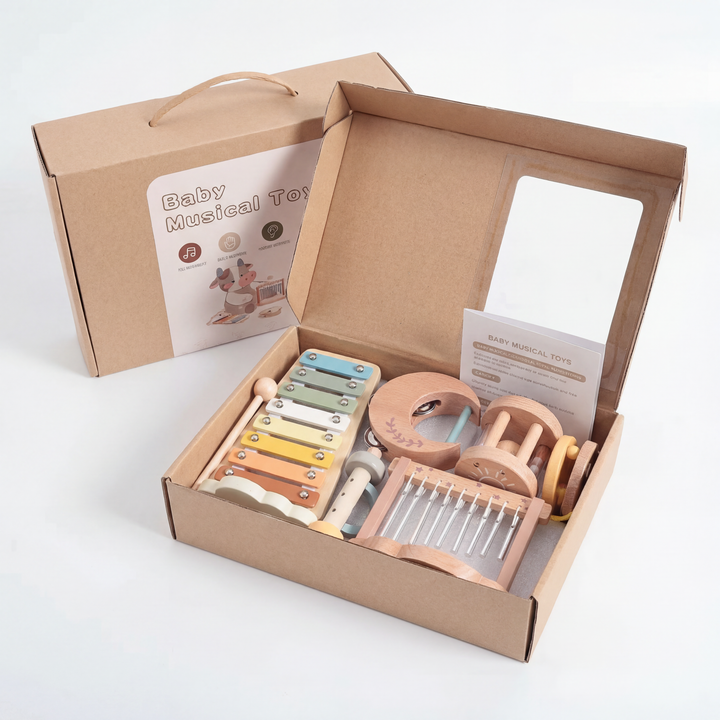 Holzspielzeug Set Baby: Nachhaltiges Klangspielzeug aus Holz mit Greiflingen zur frühkindlichen Förderung.