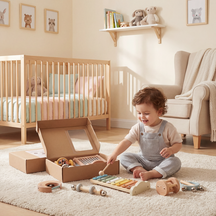 Motorikspielzeug Holz: Robustes 6-teiliges Set aus Holz, Greiflinge & Rasseln fördern Babys Feinmotorik.
