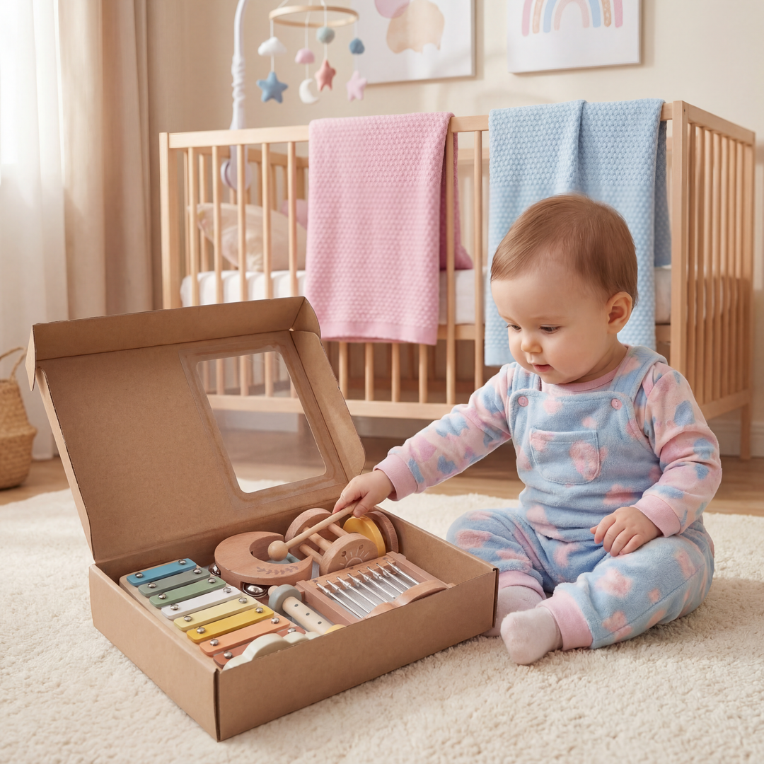 Sensorisches Klangspiel: Baby Lernspielzeug aus Holz, 6-teilig, fördert Motorik & Sinnesentwicklung.