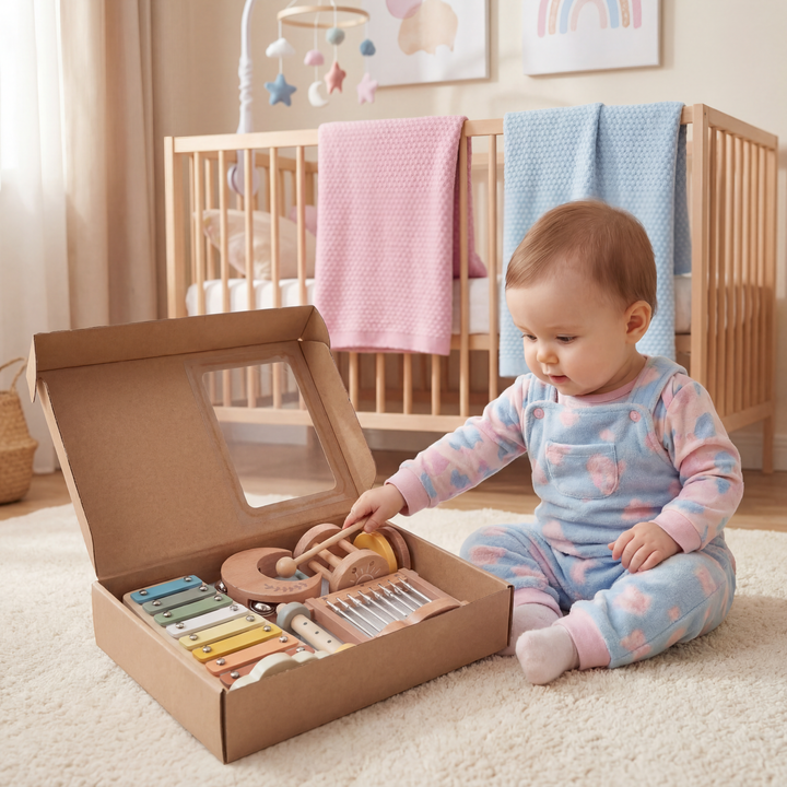 Sensorisches Klangspiel: Baby Lernspielzeug aus Holz, 6-teilig, fördert Motorik & Sinnesentwicklung.