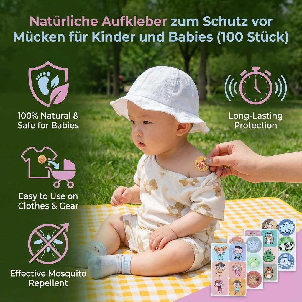 Pflanzliche Mückenschutz-Aufkleber für Kinder. Natürlicher, sicherer Insektenschutz ohne Chemie für Babys.