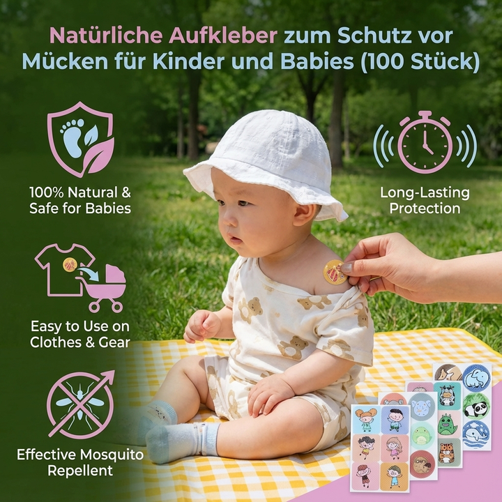 Pflanzliche Mückenschutz-Aufkleber für Kinder. Natürlicher, sicherer Insektenschutz ohne Chemie für Babys.