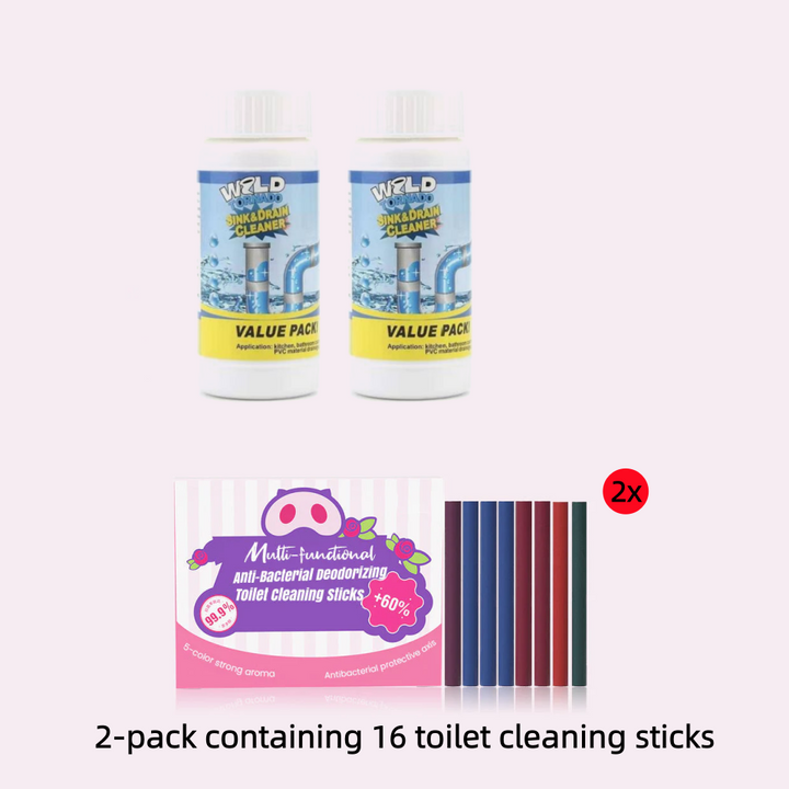Kraftvoller Abflussreiniger Pulver mit Aktivschaum löst Rohrverstopfungen, Fett & Haare in Küche & Bad.