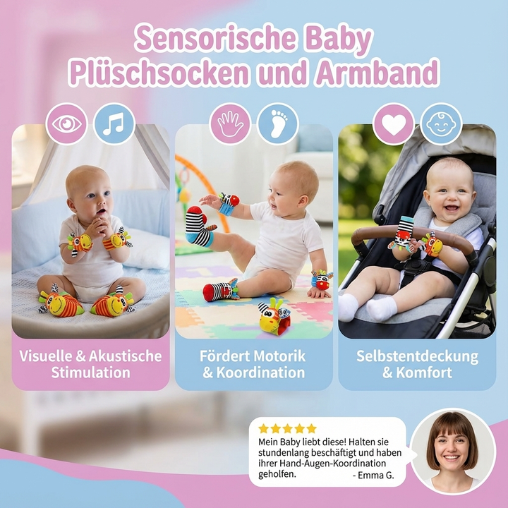 Süße Babysocken & Armbänder mit bunten Tieren, ideal als Rasseln und Fühlspielzeug für Babys.