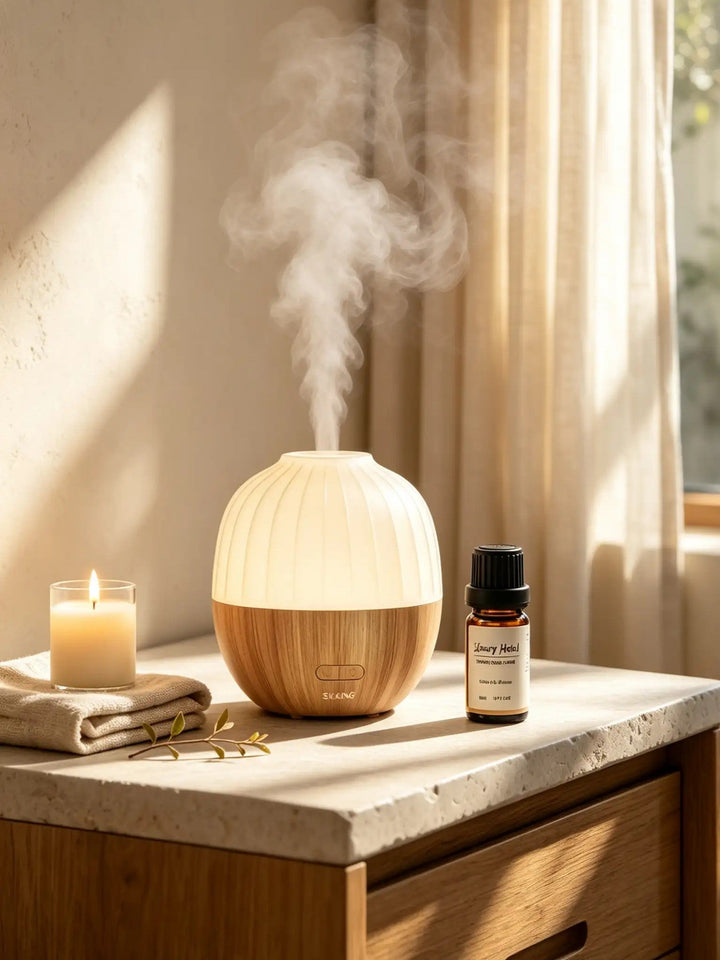 Detailaufnahme des Ultraschall Aroma Diffusors: Sanfter Nebel & warmes LED-Licht schaffen Wohlfühl-Atmosphäre.