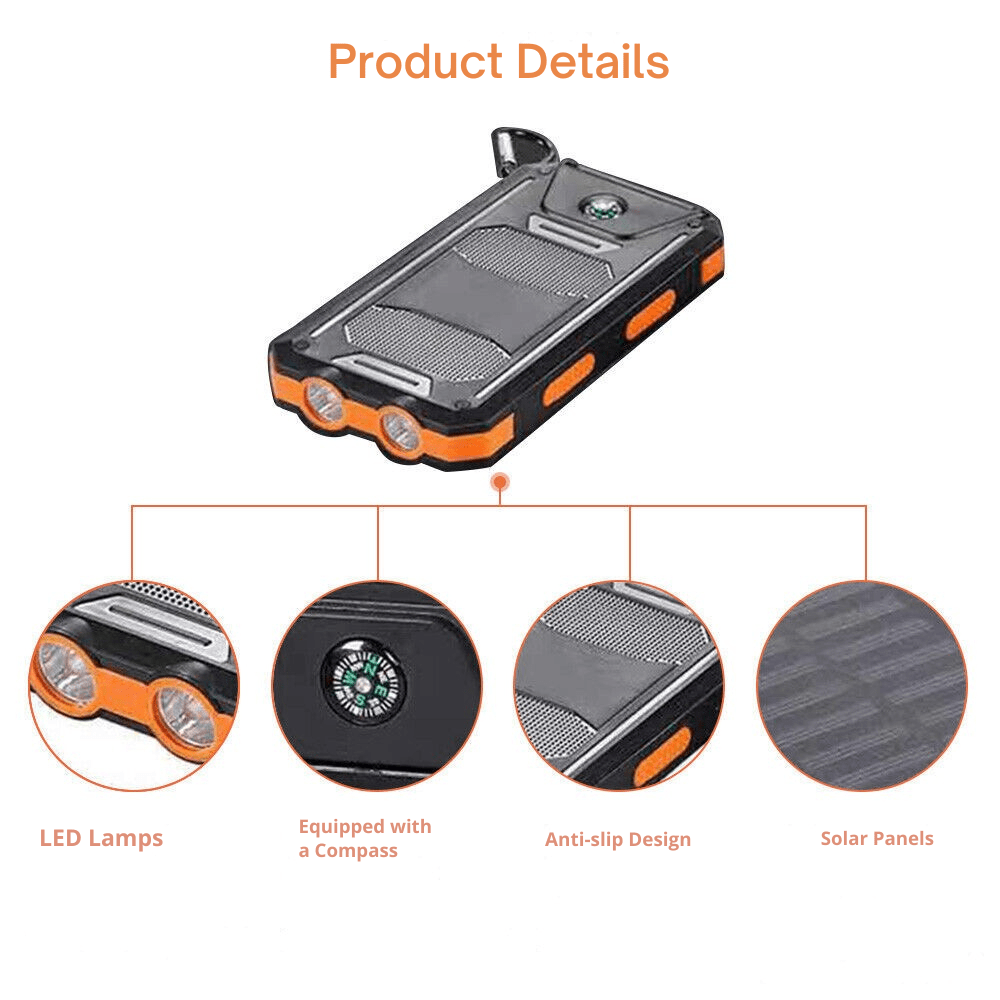 Hochkapazitive Solare Powerbank 10.000 mAh, wasserdicht, stoßfest, schwarz/orange Outdoor-Zubehör.