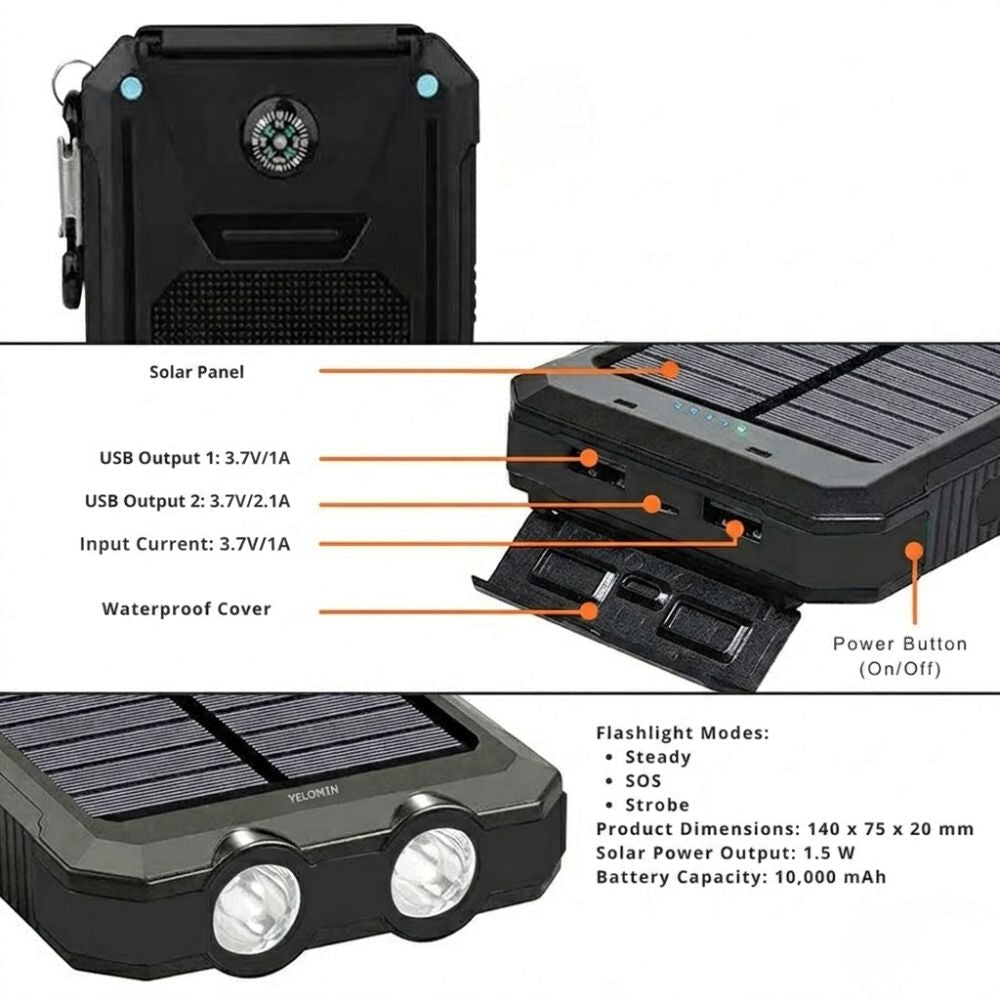 Robustes Gehäuse der Solare Powerbank 10.000 mAh, stoßfest & wasserdicht für Extremsituationen.