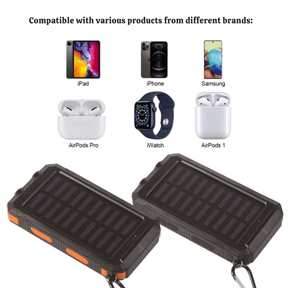 Vielseitige Outdoor Solare Powerbank 10.000 mAh, ideal als Notstrom & Mobilzubehör für alle Aktivitäten.