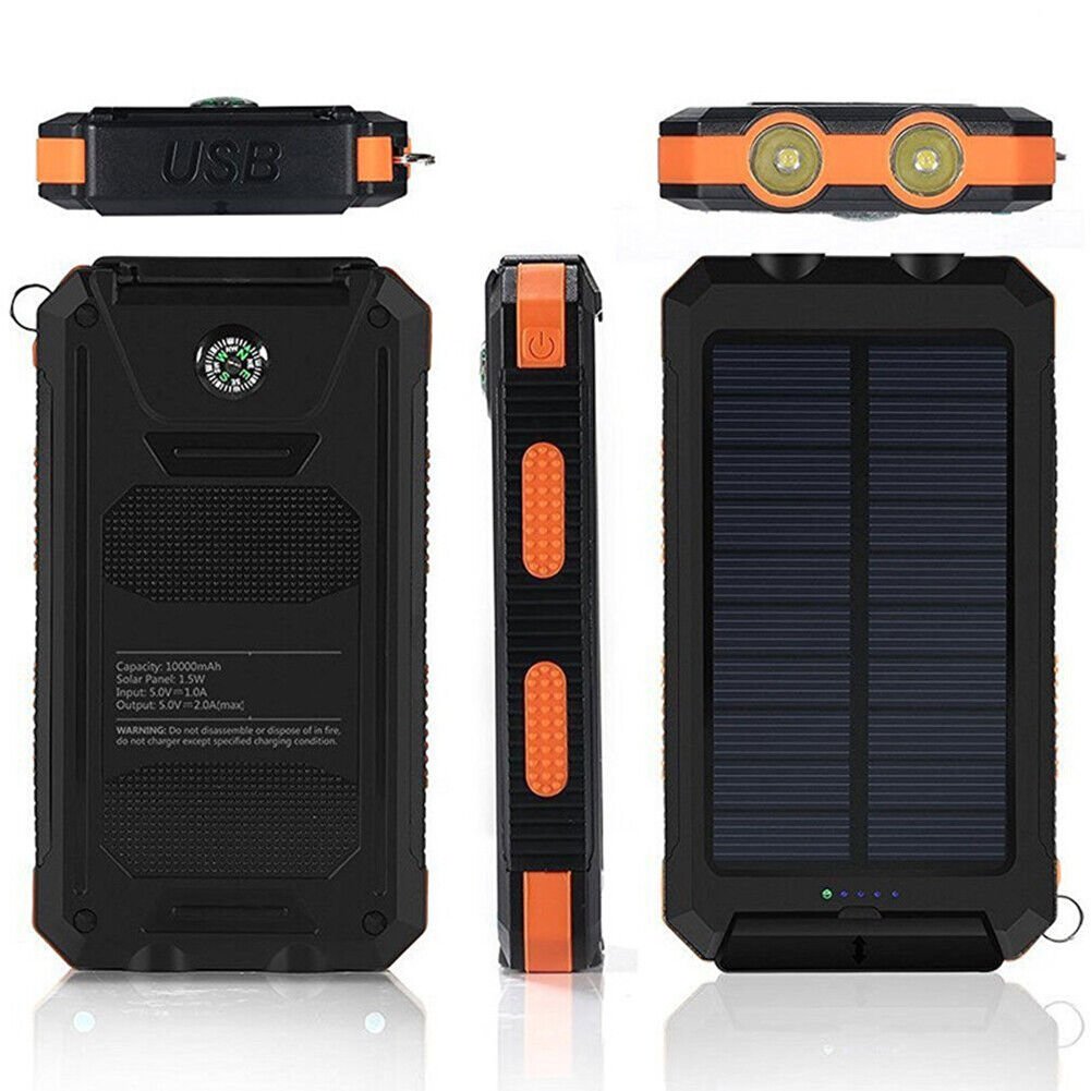 Schwarz-orange Outdoor Powerbank 10.000 mAh, solarbetrieben, wasserdicht und stoßfest.