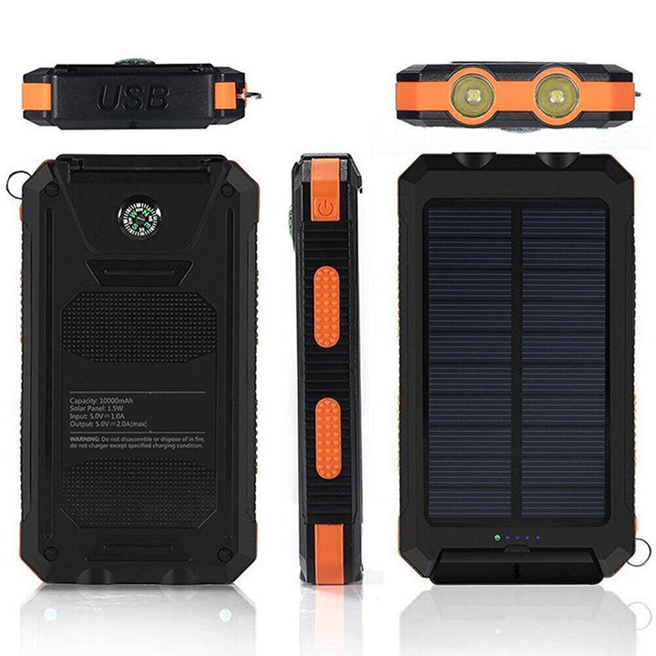 Schwarz-orange Outdoor Powerbank 10.000 mAh, solarbetrieben, wasserdicht und stoßfest.
