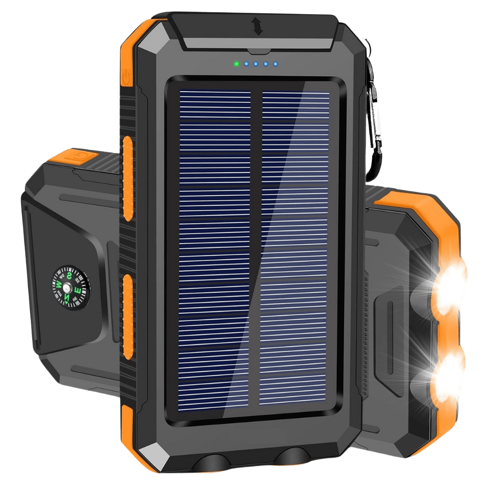 Wasserdichte Solarladegerät Powerbank 10.000 mAh für Outdoor-Abenteuer, schwarz/orange Design.