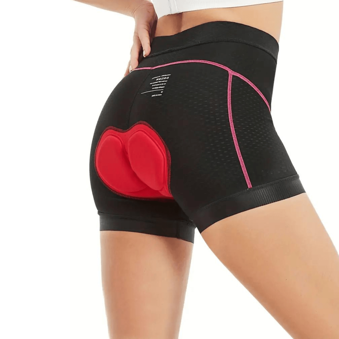 Seitliche Ansicht der elastischen Damen Fahrradhose mit stützender Kompression und feuchtigkeitsableitend.