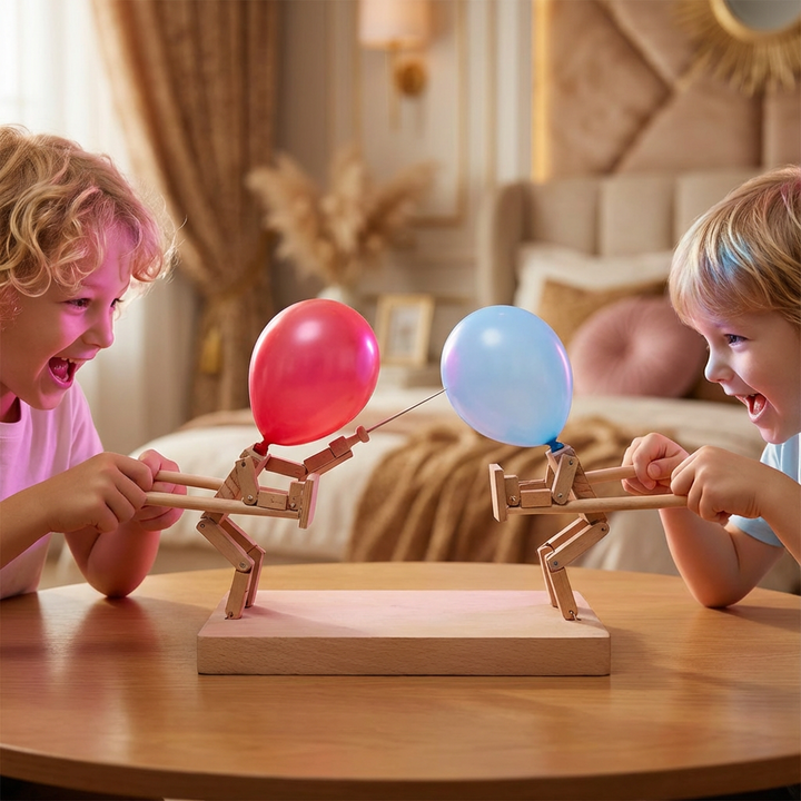 Interaktives Holz Ballon Duell Spiel für die Familie. Spannendes Geschicklichkeitsspiel aus Holz für Kinder und Erwachsene.