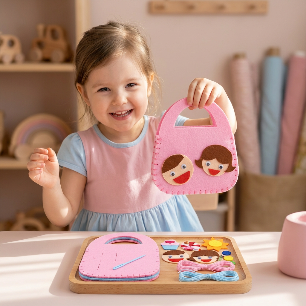 Filztaschen Bastelset für Kinder, sicher zum Selbernähen. Kreatives DIY-Set fördert Feinmotorik & Handarbeit.