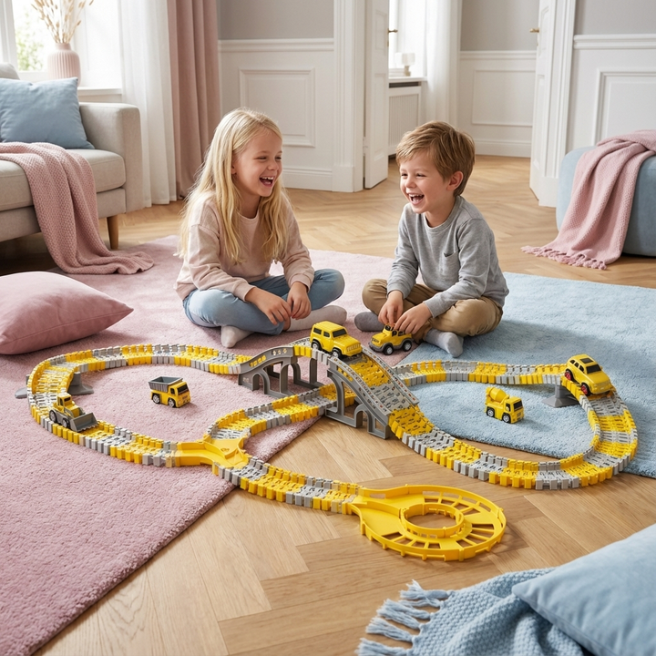 Kinder Abenteuer Rennstrecke mit mehreren Spurautos für spannenden Fahrspaß, ideal als Motorikspielzeug.