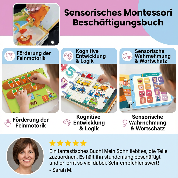 Pädagogisches Lernspielzeug: Montessori Beschäftigungsbuch fördert kognitive Entwicklung und Problemlösung.