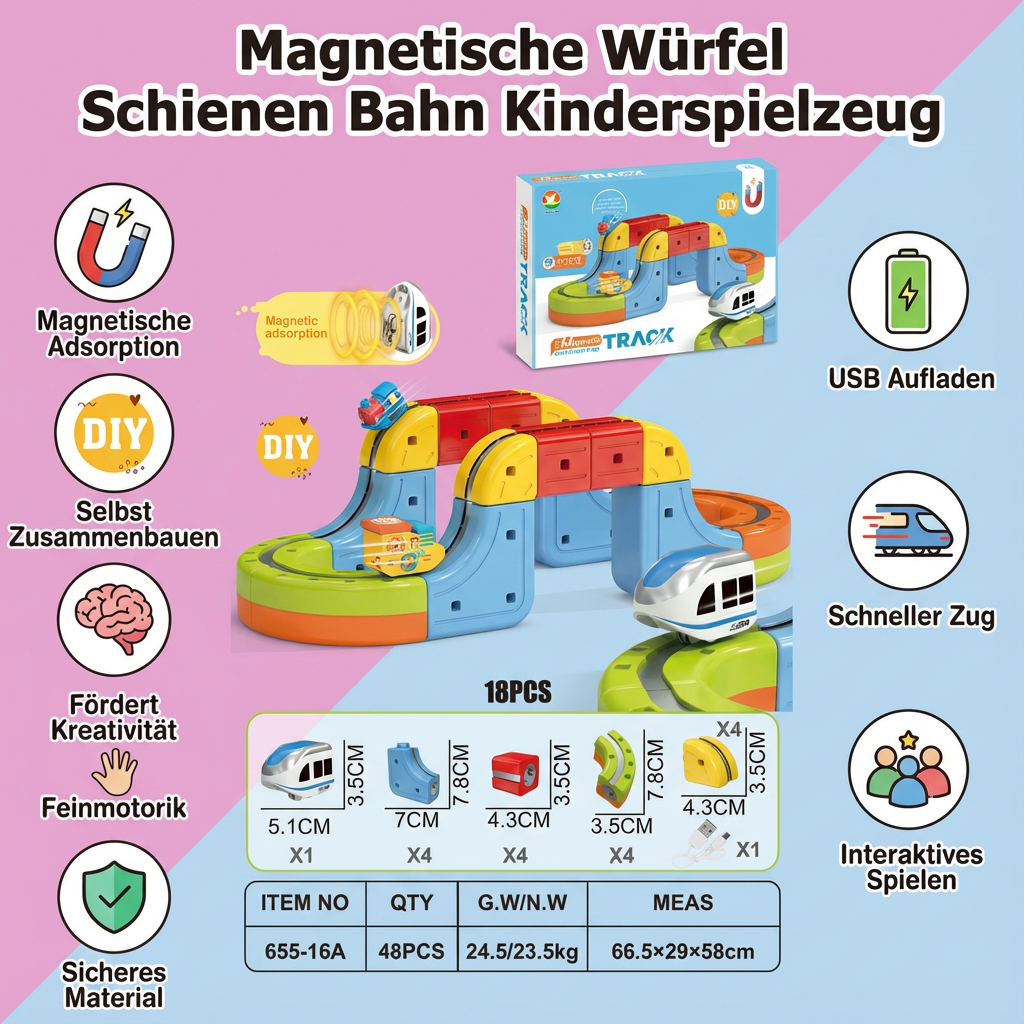 Glückliches Kind spielt mit der magnetischen Würfel Schienenbahn, entwickelt Motorik und Problemlösungsfähigkeiten.