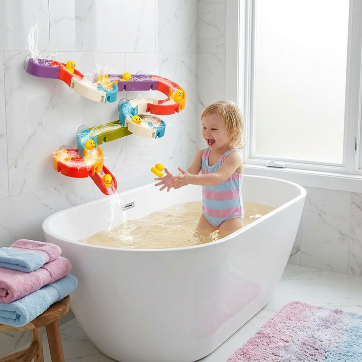 Lustige Enten-Wasserrutsche für Kinder, fördert Motorik beim Badespaß.