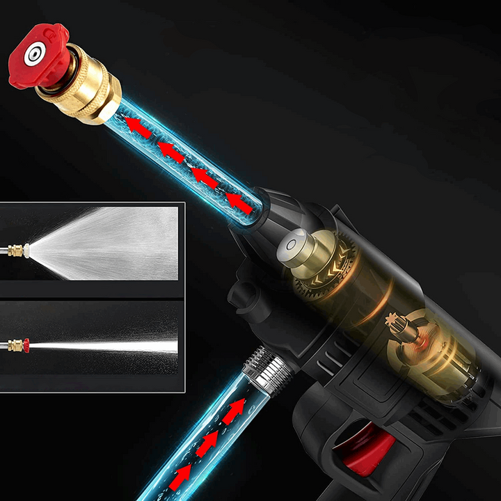 Kabelloser Akku-Druckreiniger mit Schaumflasche für schonende und effektive Autoreinigung unterwegs.