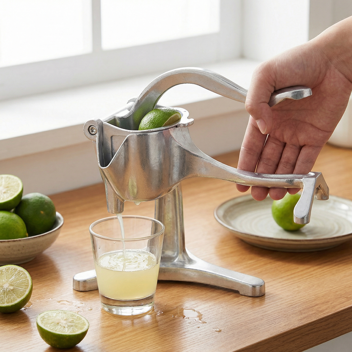 Aluminium Handentsafter auf Tisch, presst frischen Saft aus Orangen. Manuelle Saftpresse für gesunde Getränke.