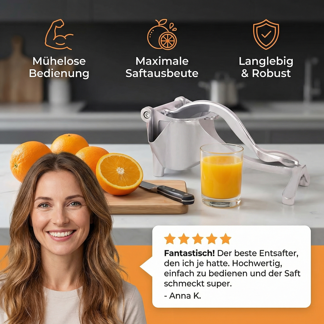 Manuelle Aluminium Saftpresse für Früchte, einfach zu bedienen. Robuster Küchenhelfer für frischen Zitrus-Saft.